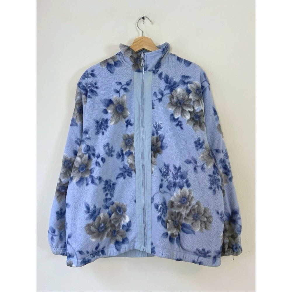 Vintage 90's Flower Floral Fleece Zip Up‎ Reversible Blue Light Jacket - Large